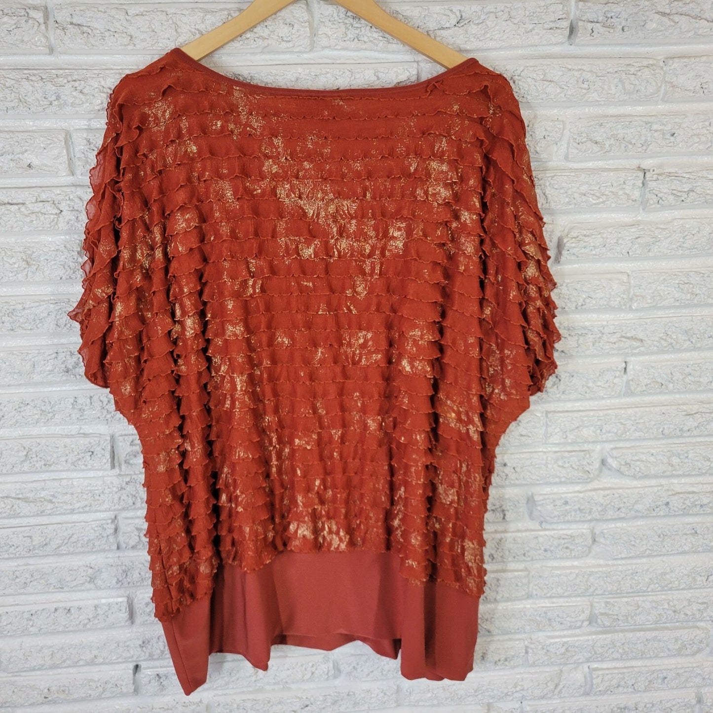 Cato Women Top 26W 28W Plus Short Sleeve Burnt Orange Poly Blend Glitter Tiered