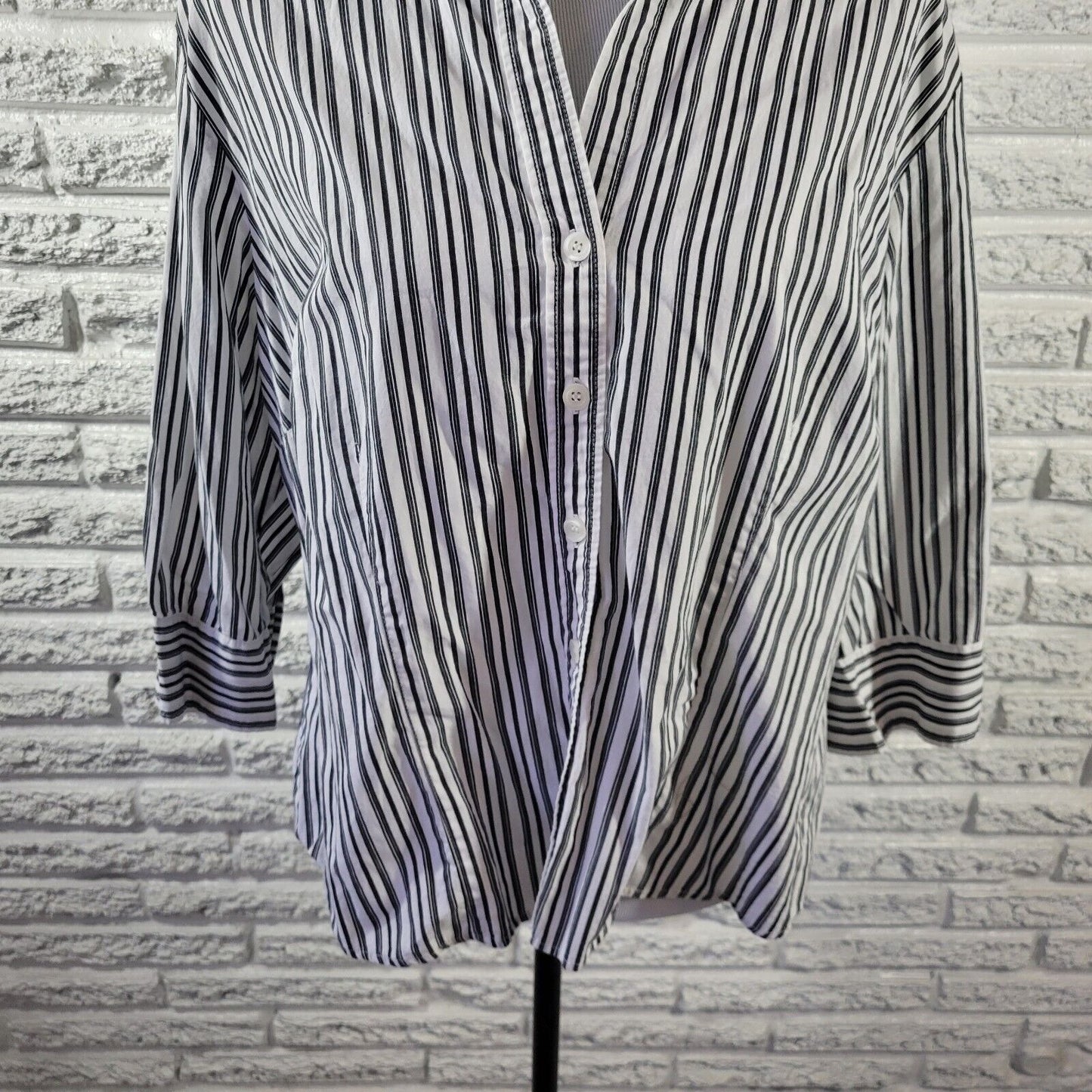 Style Co Womens Top 18W 3/4 Sleeve Black Stripe Cotton Lightweight Collar Button