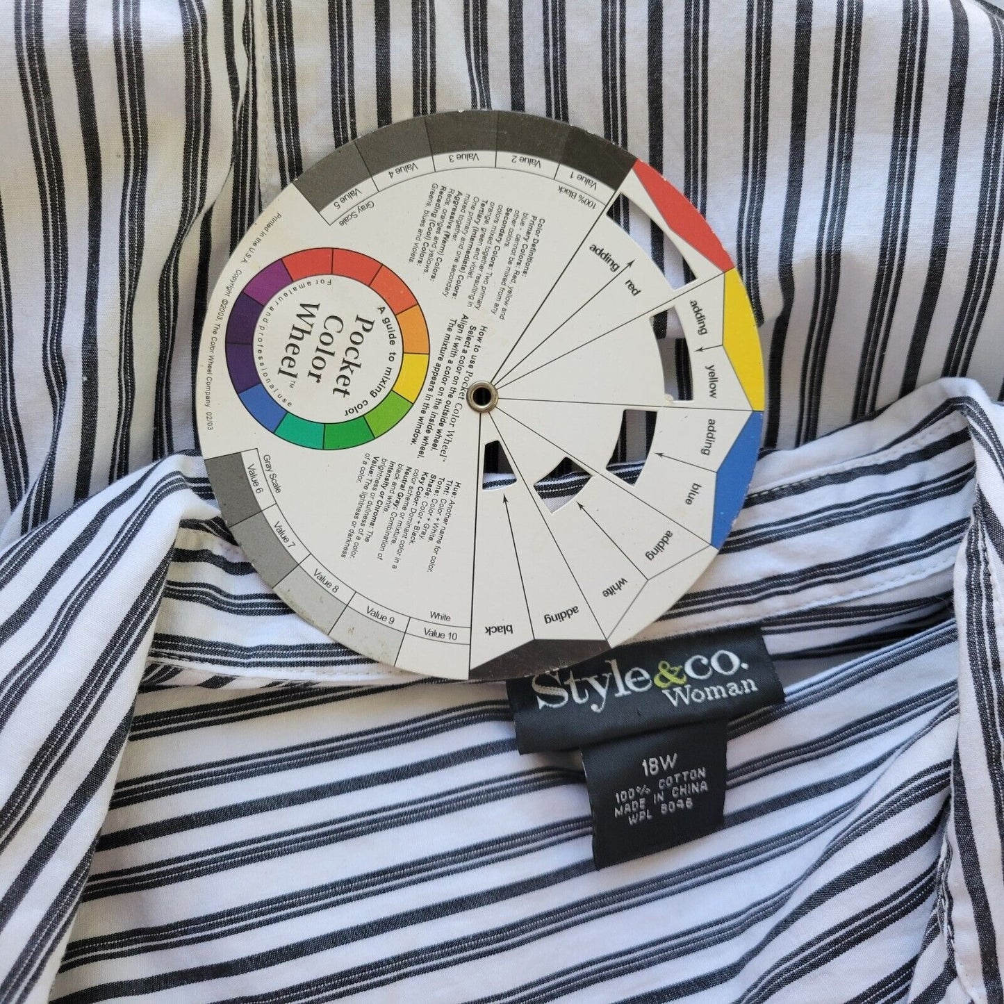 Style Co Womens Top 18W 3/4 Sleeve Black Stripe Cotton Lightweight Collar Button