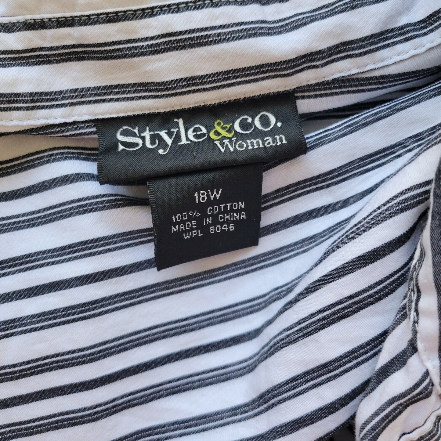 Style Co Womens Top 18W 3/4 Sleeve Black Stripe Cotton Lightweight Collar Button