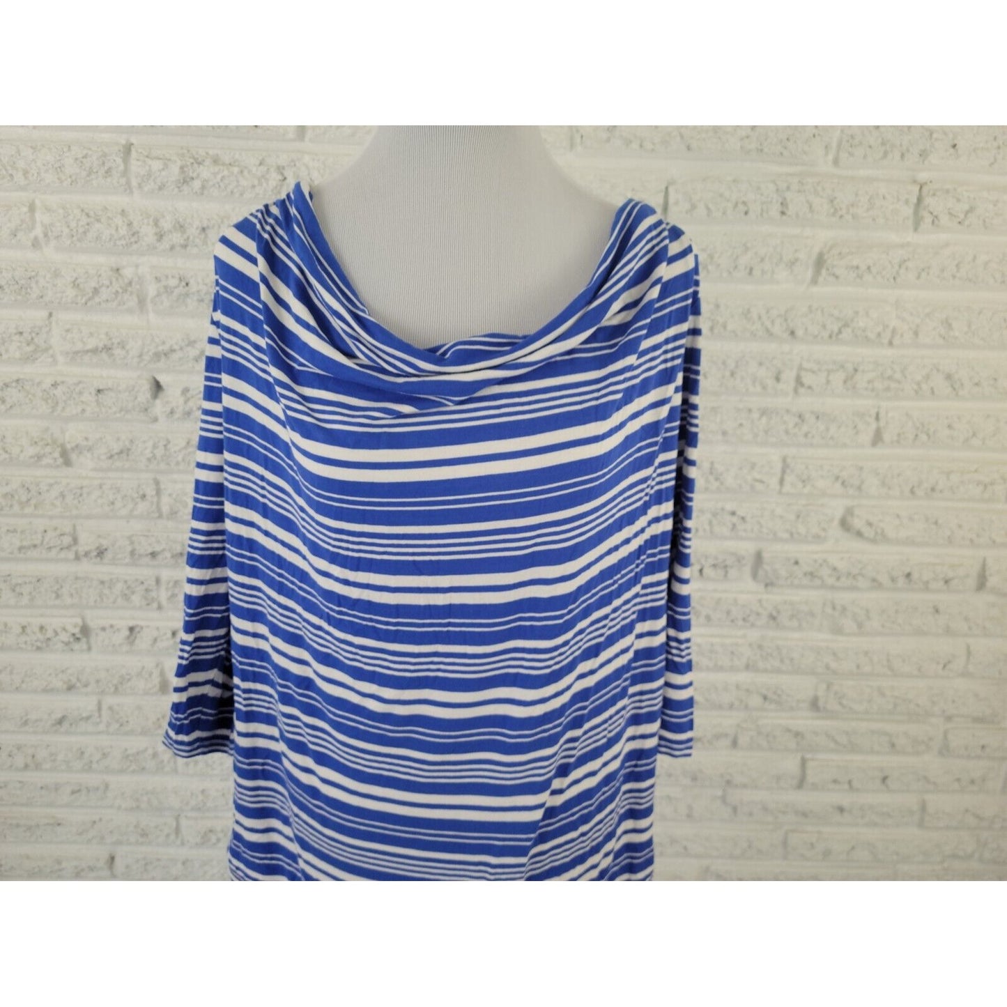 Lane Bryant Womens Top 18 20 Pullover 3/4 Sleeve Draped Blue Stripe Cowl Neck