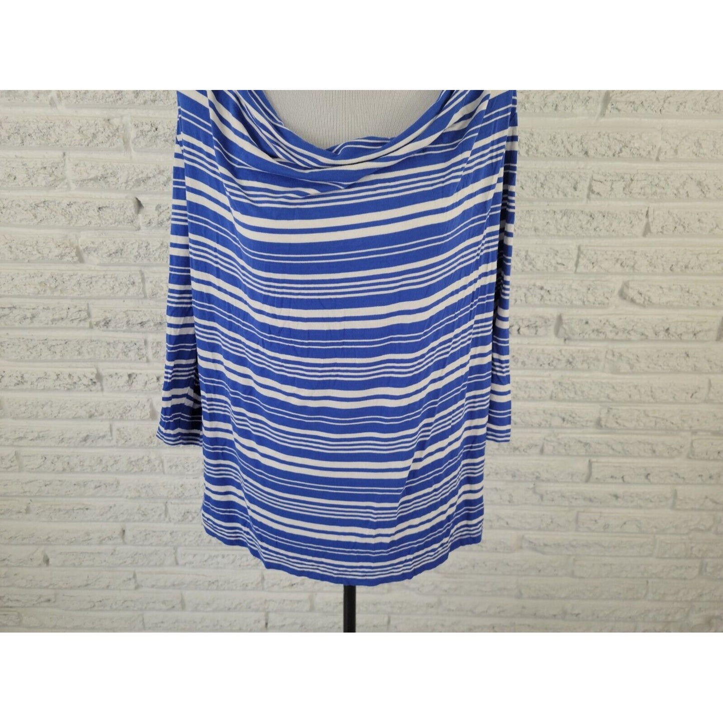 Lane Bryant Womens Top 18 20 Pullover 3/4 Sleeve Draped Blue Stripe Cowl Neck
