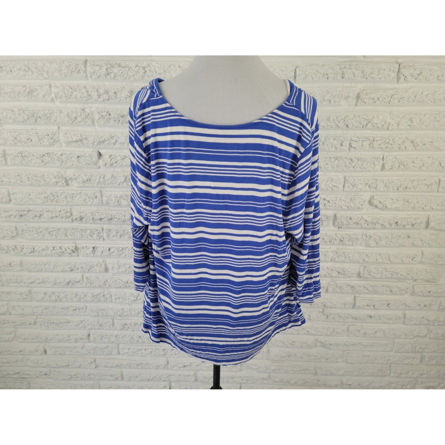 Lane Bryant Womens Top 18 20 Pullover 3/4 Sleeve Draped Blue Stripe Cowl Neck