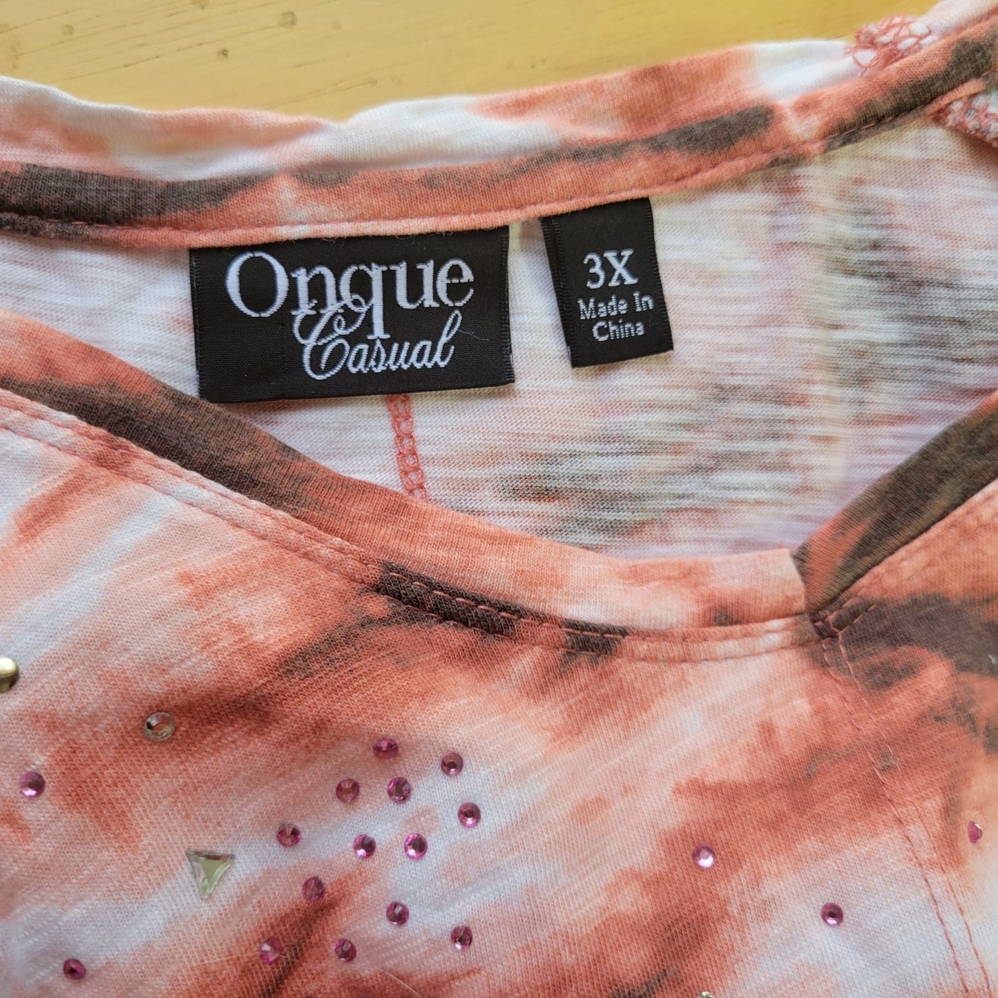 Onque Casual Womens Top 3X Plus Tee 3/4 Sleeve Pink Black Tie Dye Studded Comfy