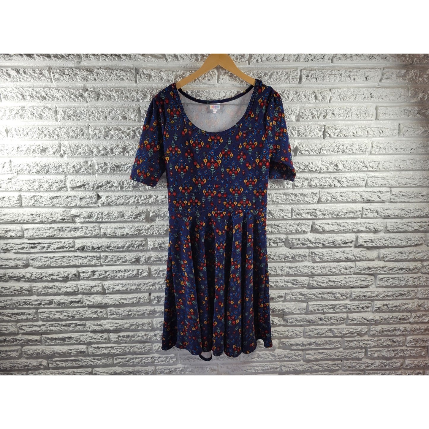 LuLaRoe Womens XL Red Geometric Fit & Flare Asymmetric Knee Length Stretch Dress
