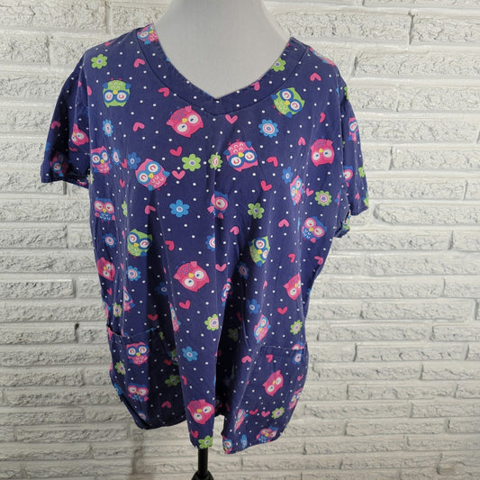 Zoe Chloe Unisex Scrub Top 2XL Plus Owls Hearts All Over Blue Cotton Medical