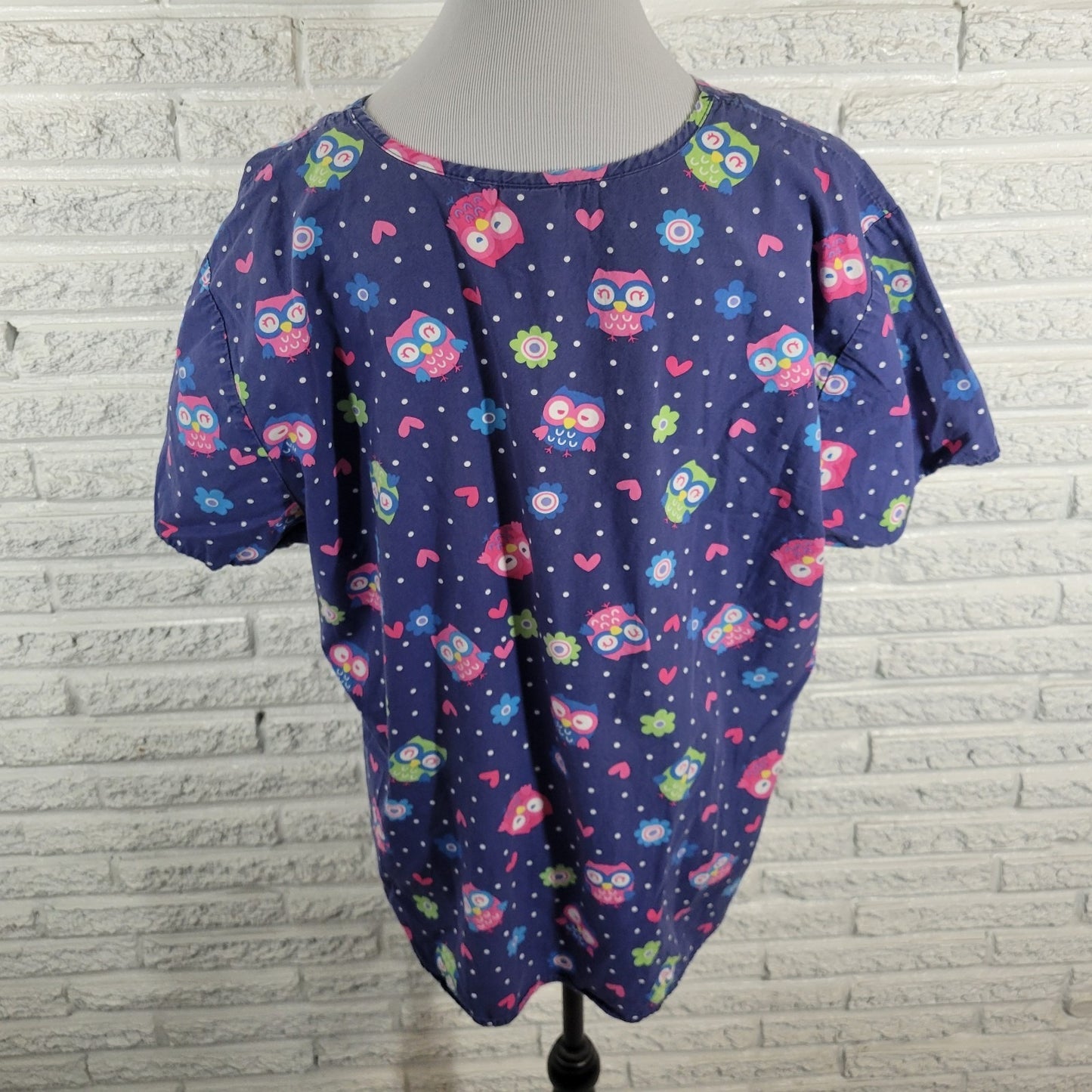 Zoe Chloe Unisex Scrub Top 2XL Plus Owls Hearts All Over Blue Cotton Medical