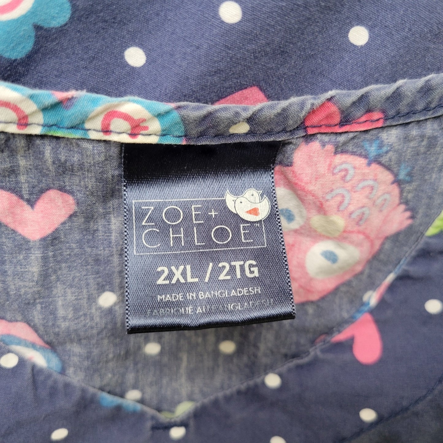 Zoe Chloe Unisex Scrub Top 2XL Plus Owls Hearts All Over Blue Cotton Medical