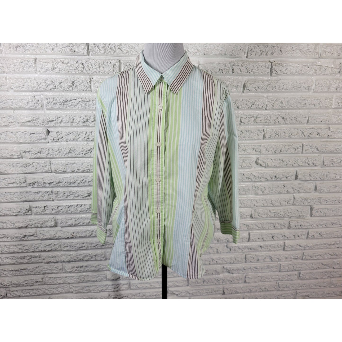 Liz Claiborne Villager Women Top 18 Plus Long Sleeve Green Stripe Collar Cotton