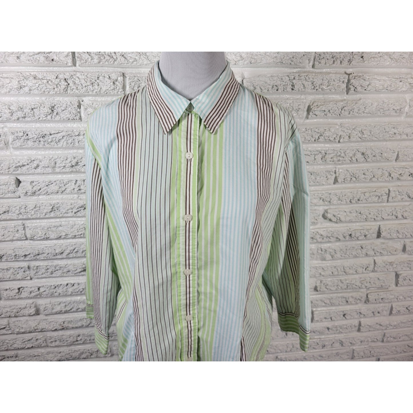 Liz Claiborne Villager Women Top 18 Plus Long Sleeve Green Stripe Collar Cotton