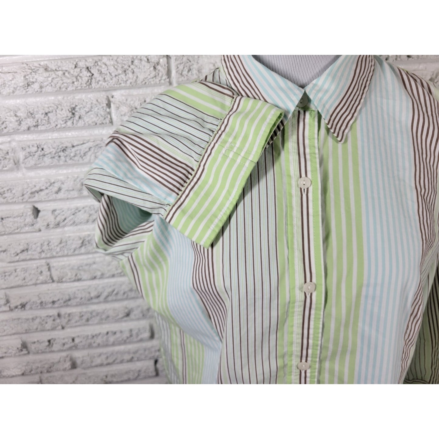 Liz Claiborne Villager Women Top 18 Plus Long Sleeve Green Stripe Collar Cotton
