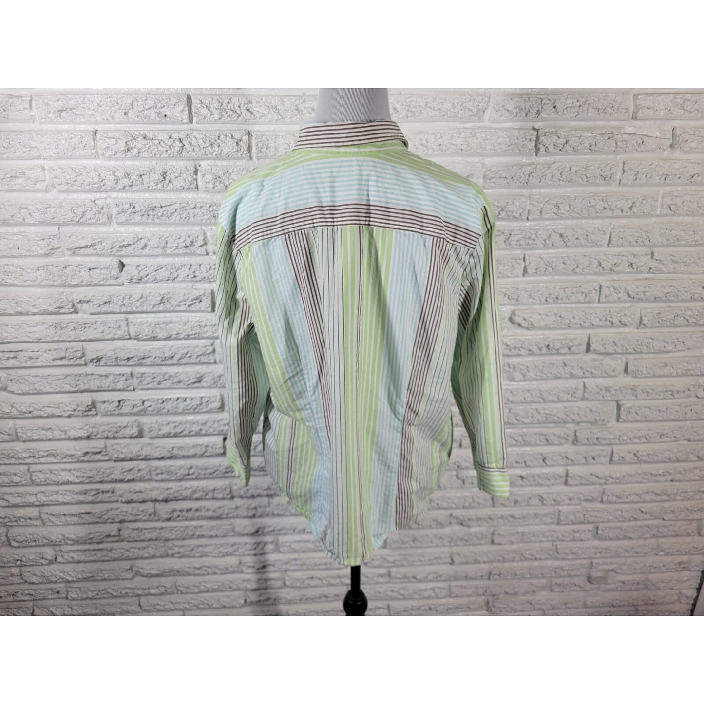Liz Claiborne Villager Women Top 18 Plus Long Sleeve Green Stripe Collar Cotton