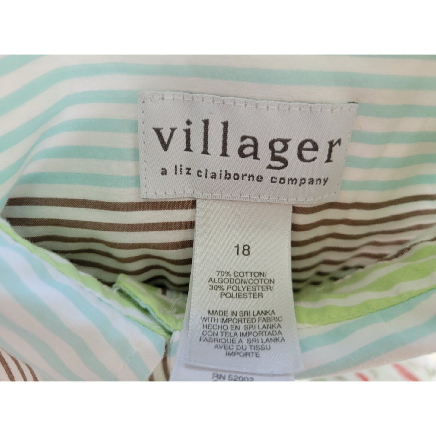 Liz Claiborne Villager Women Top 18 Plus Long Sleeve Green Stripe Collar Cotton