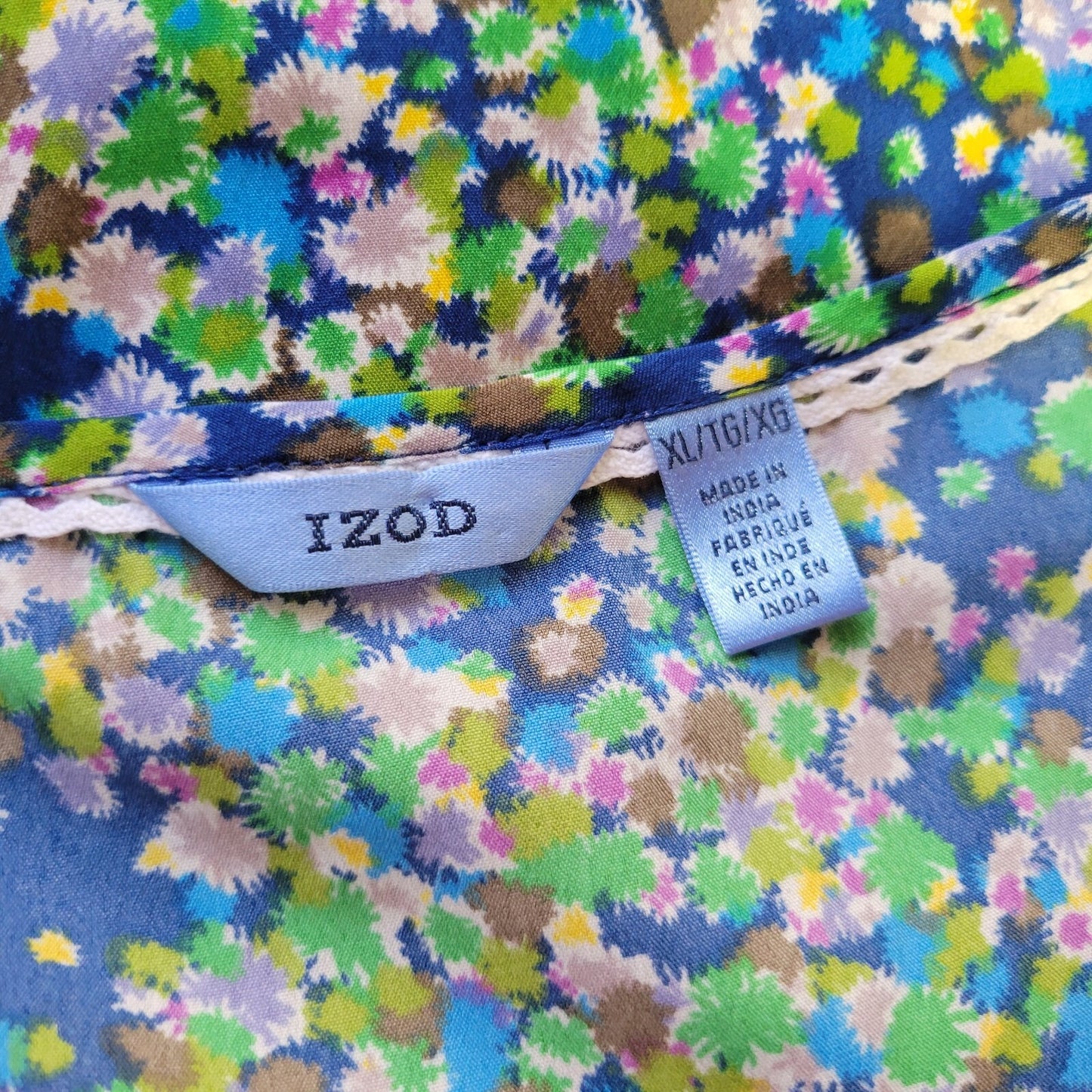 Izod Womens Top Extra Large XL Blue Floral Crochet Shoulder Casual Lightweight