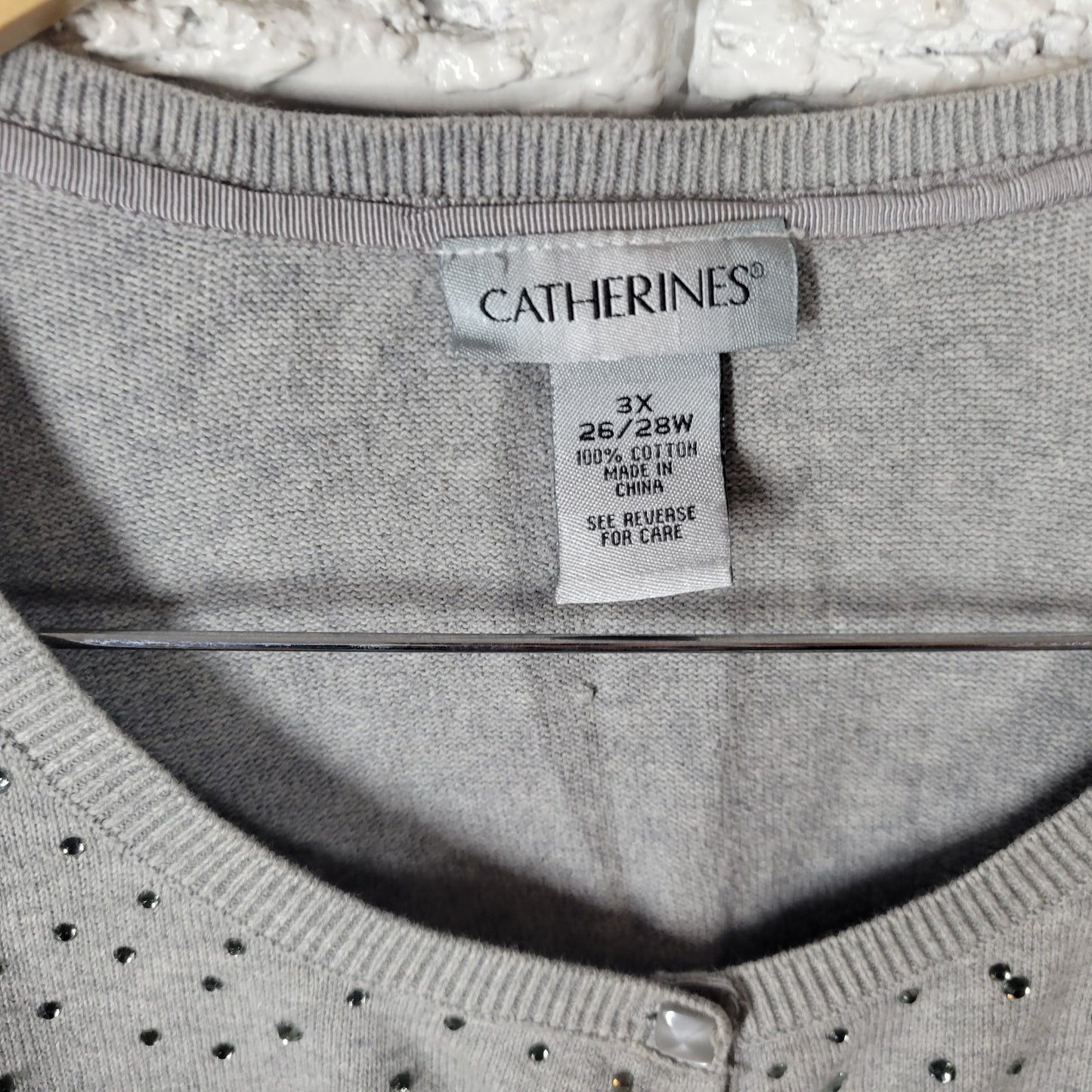 Catherines Womens Sweater 3X Plus Cardigan Gray Rhinestones Casual Comfy Cotton