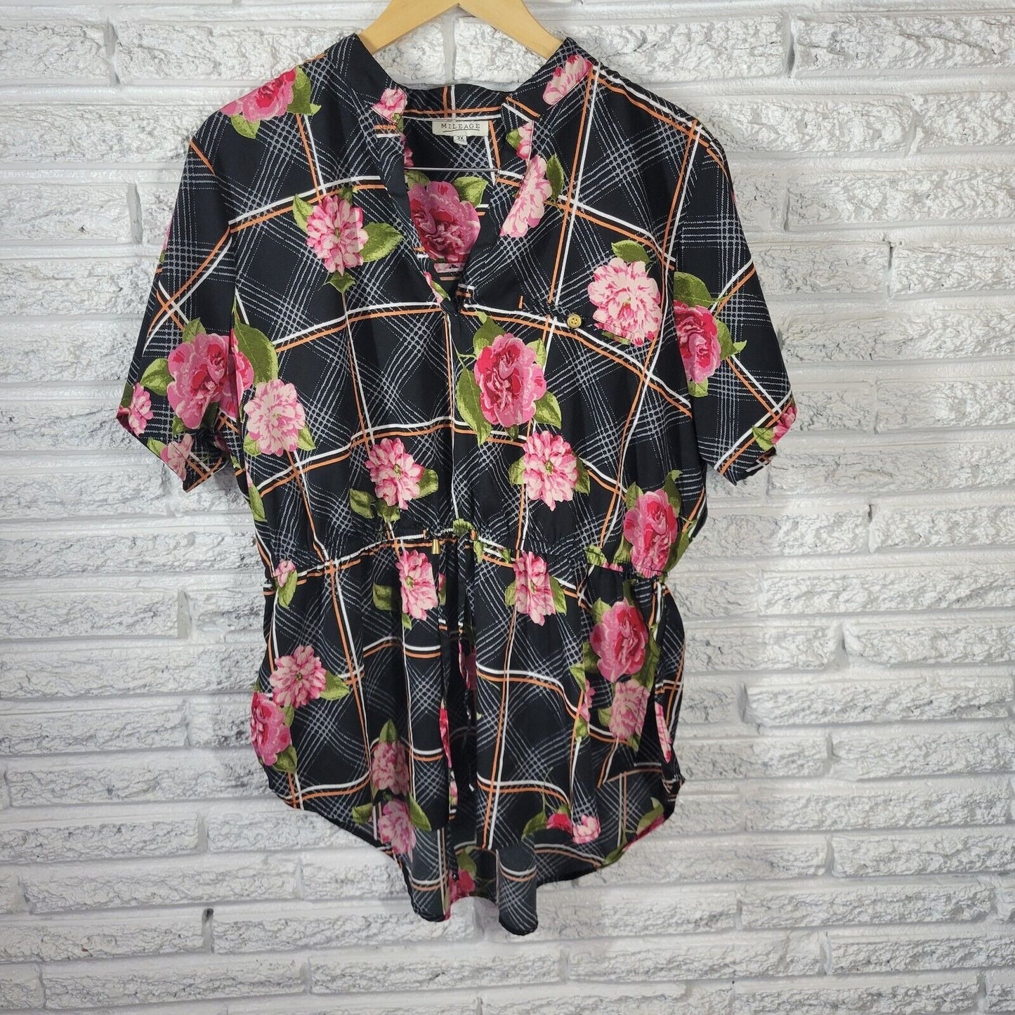 Mileage Womens Top 3X Pink Floral Asymmetric Poly Blend Drawstring Lightweight