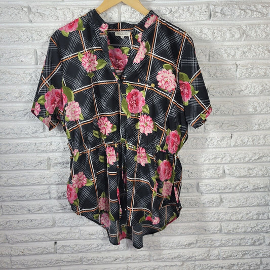 Mileage Womens Top 3X Pink Floral Asymmetric Poly Blend Drawstring Lightweight