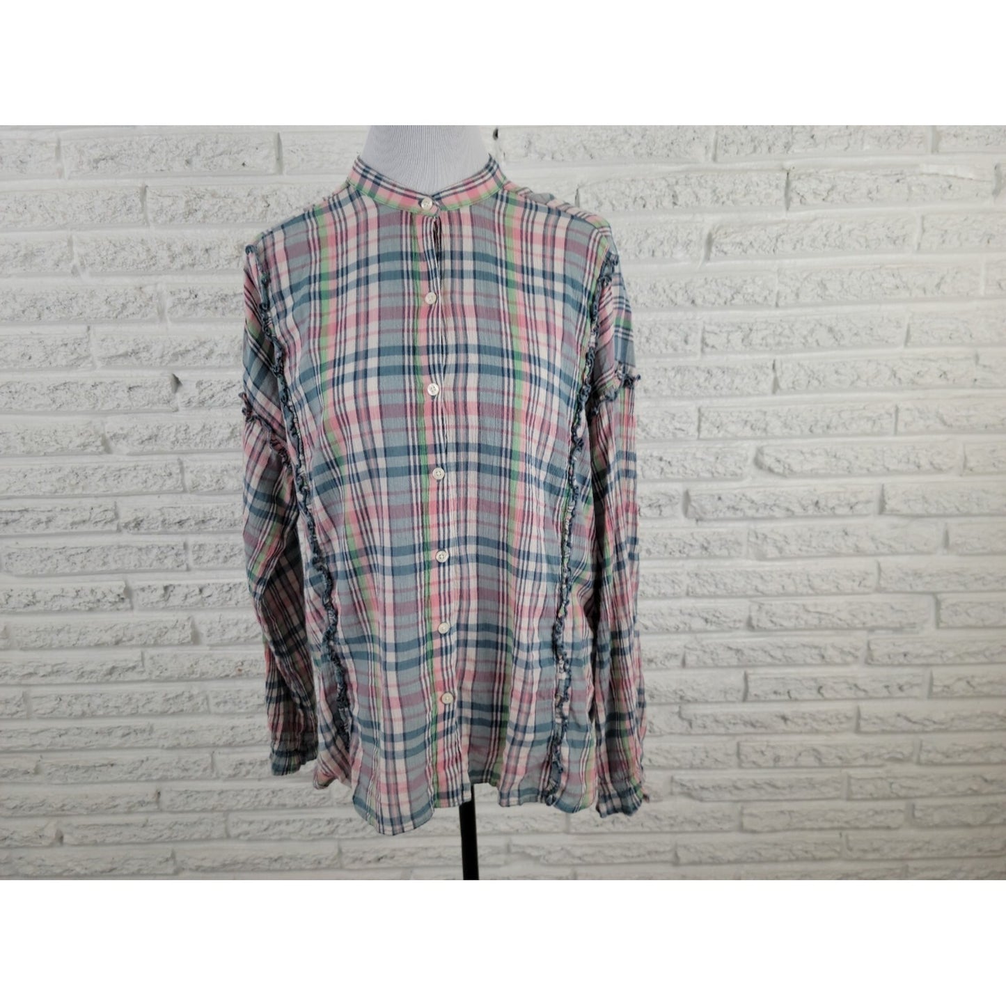 Chaps Women Top Extra Large XL Long Sleeve Button Up Cotton Ruffle Plaid Sheer