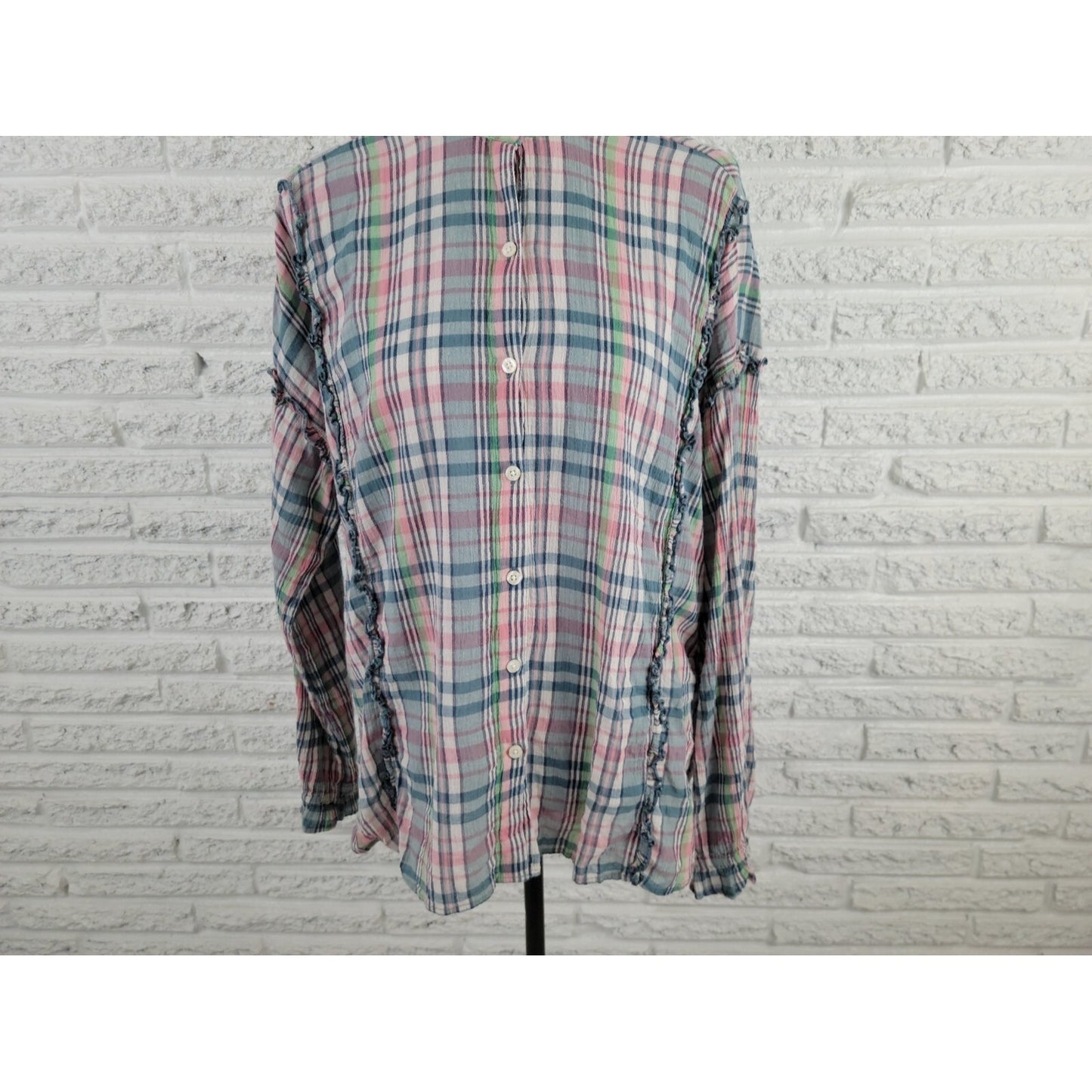 Chaps Women Top Extra Large XL Long Sleeve Button Up Cotton Ruffle Plaid Sheer