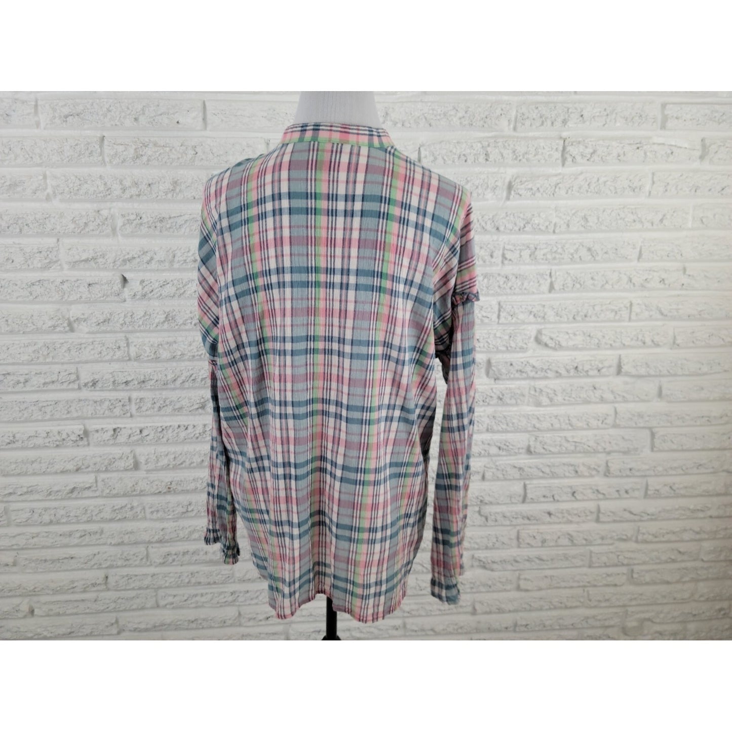 Chaps Women Top Extra Large XL Long Sleeve Button Up Cotton Ruffle Plaid Sheer