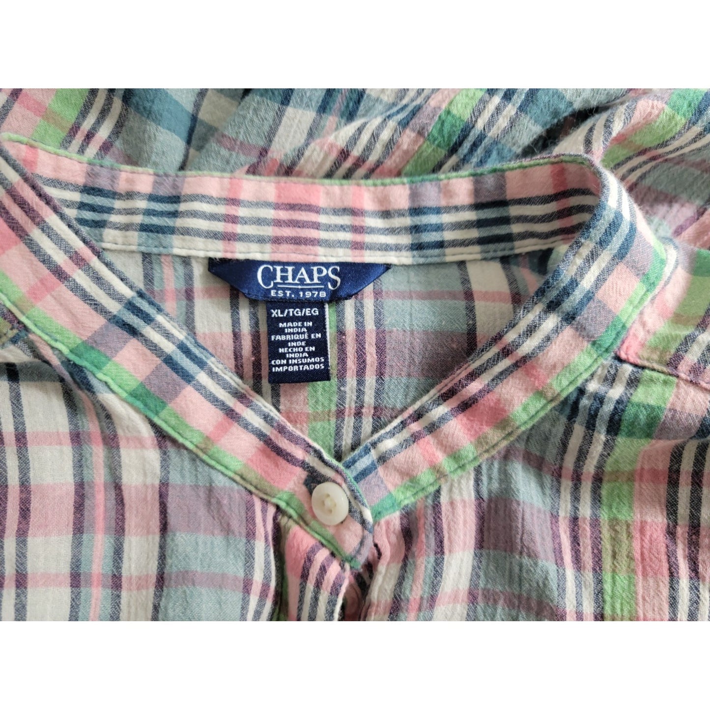 Chaps Women Top Extra Large XL Long Sleeve Button Up Cotton Ruffle Plaid Sheer