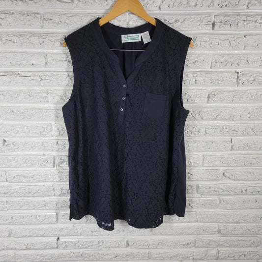 Shenanigans Women Top 1X Plus Sleeveless Black Lace Quarter Button Pocket Casual