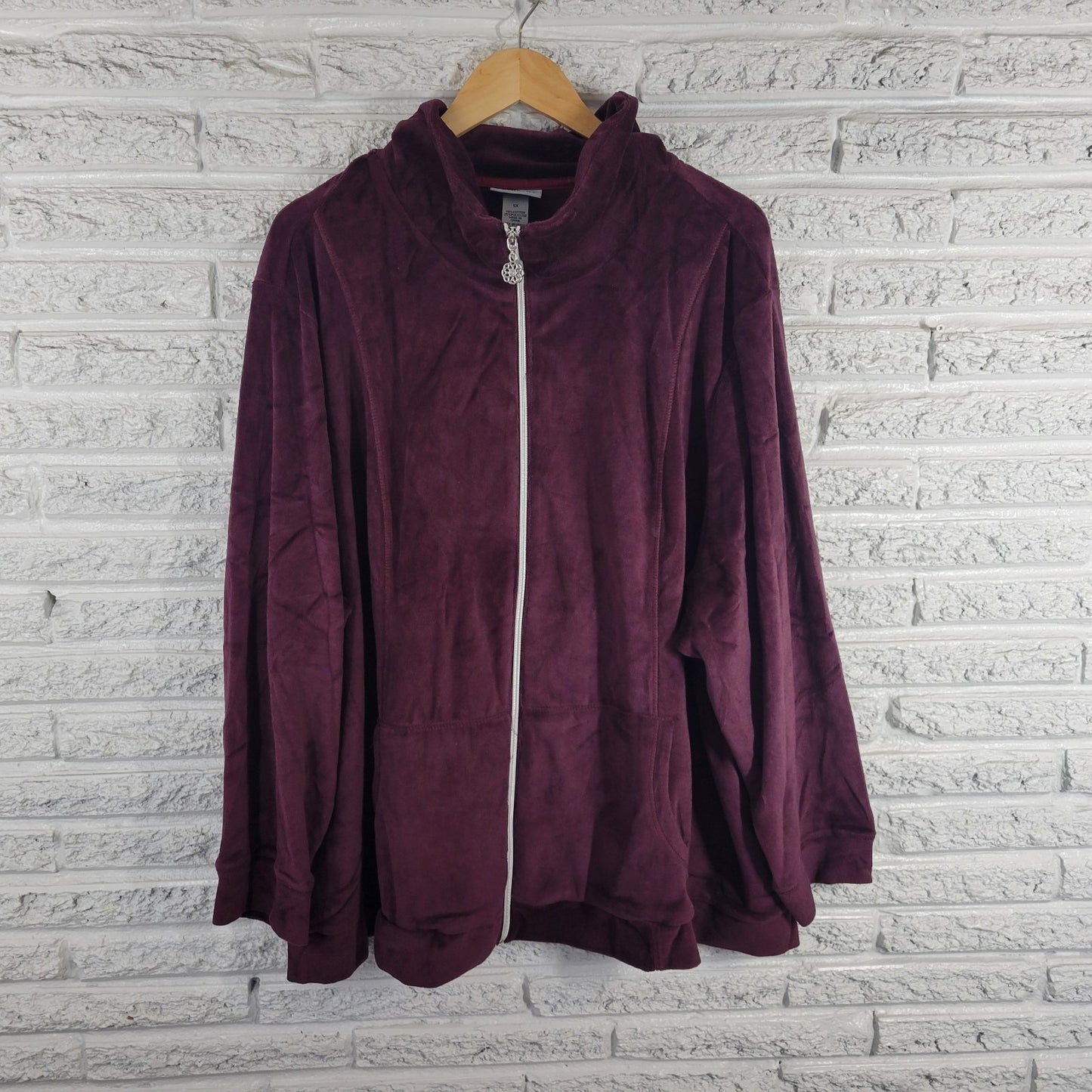 Catherines Womens Sweatshirt 5X Plus Full Zip Purple Velour Pockets Comfy Casual