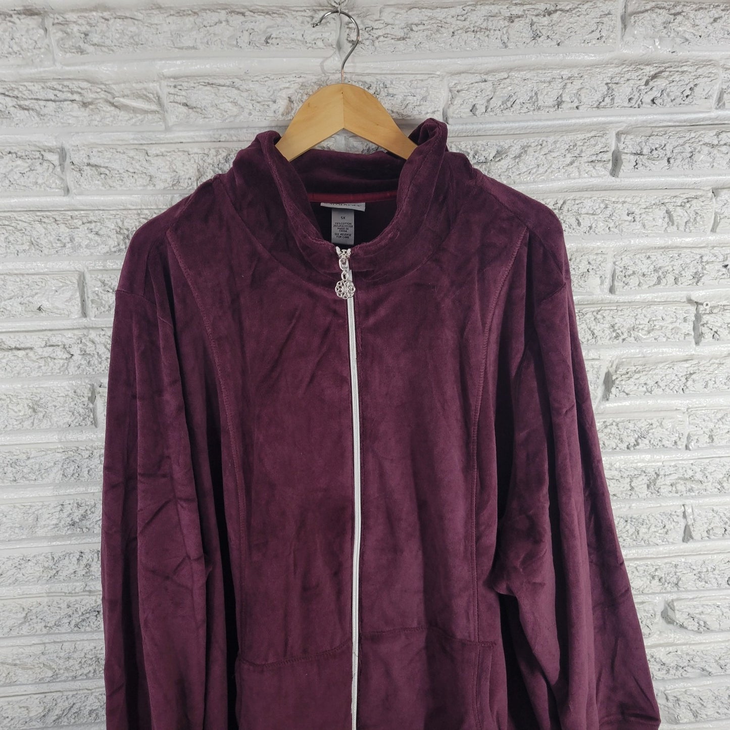 Catherines Womens Sweatshirt 5X Plus Full Zip Purple Velour Pockets Comfy Casual