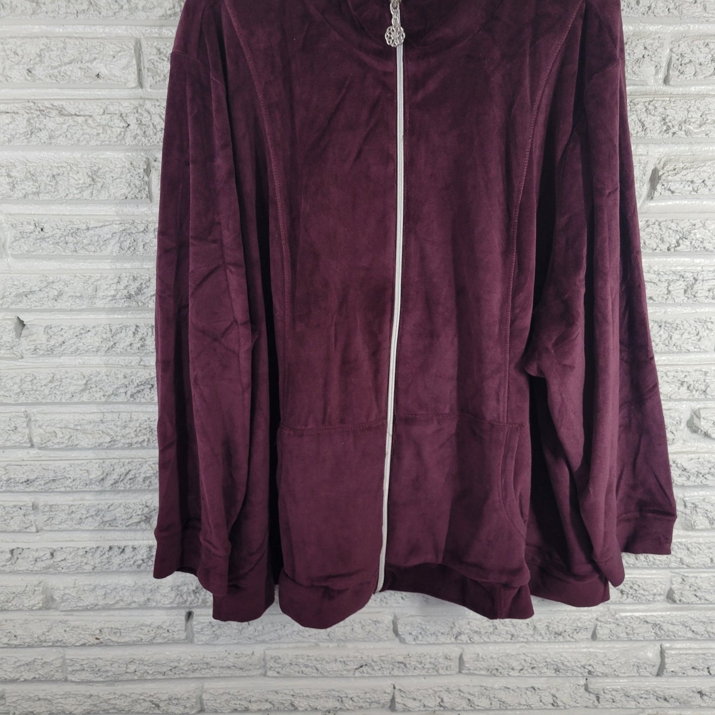 Catherines Womens Sweatshirt 5X Plus Full Zip Purple Velour Pockets Comfy Casual