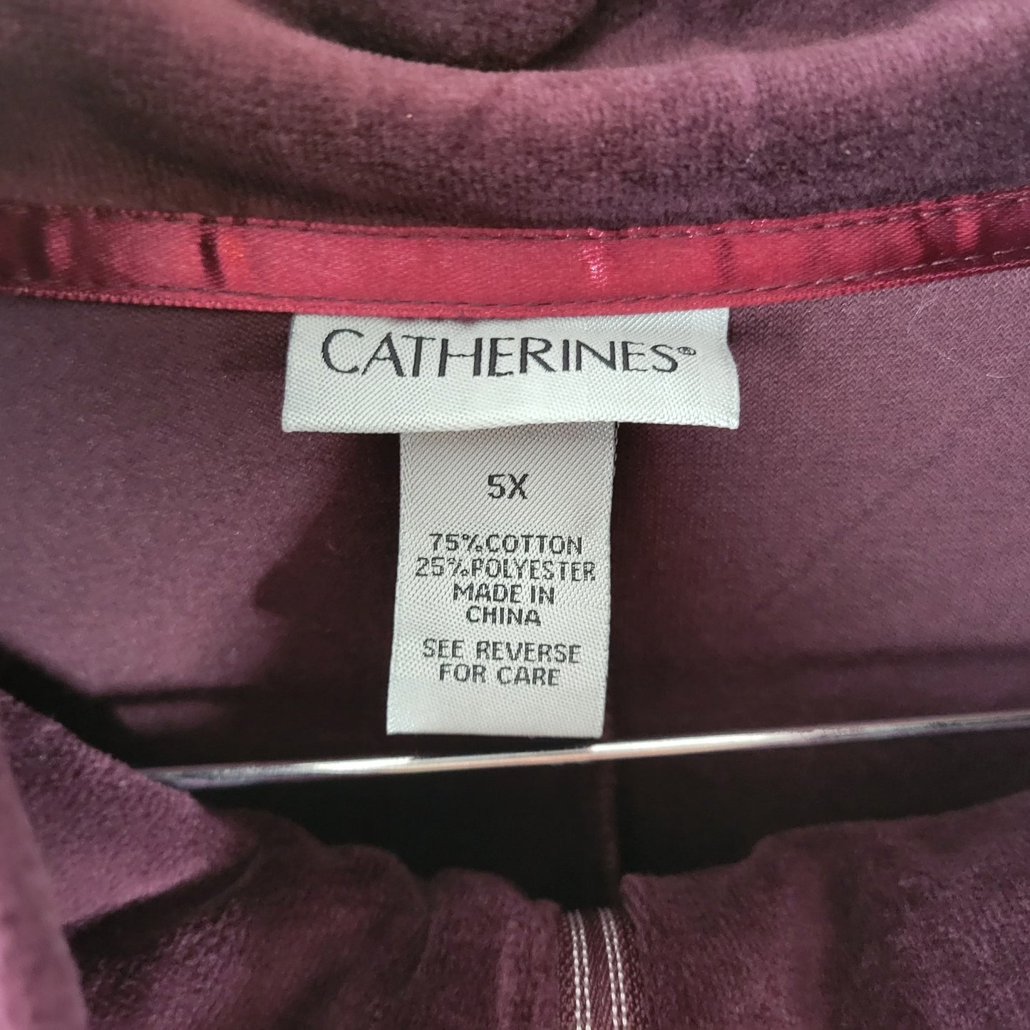 Catherines Womens Sweatshirt 5X Plus Full Zip Purple Velour Pockets Comfy Casual