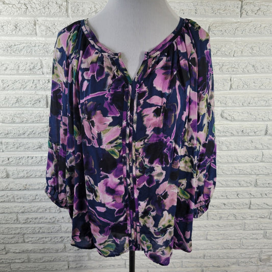ST. JOHN’S BAY Women's Plus Size 1X Floral Tunic Blouse Blue Purple V-Neck Sheer