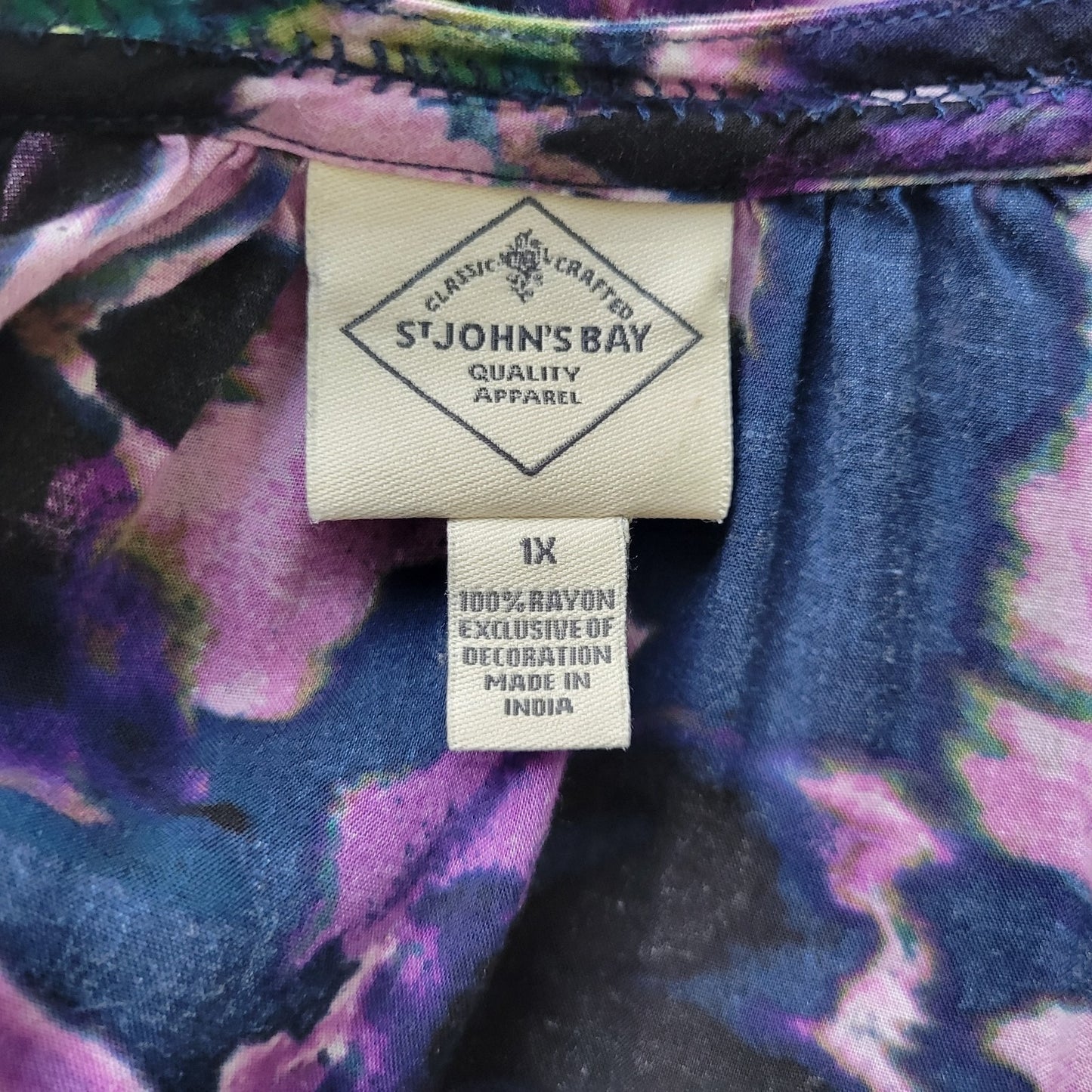 ST. JOHN’S BAY Women's Plus Size 1X Floral Tunic Blouse Blue Purple V-Neck Sheer