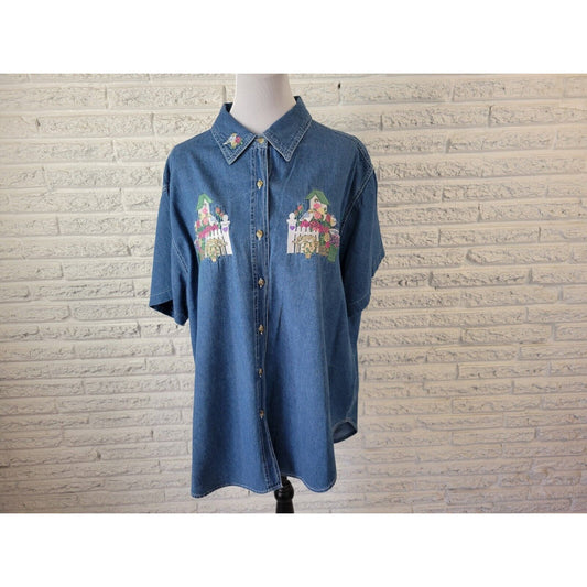CST Blues Women Shirt 24 Plus Short Sleeve Blue Denim Garden Birdhouse Embroider