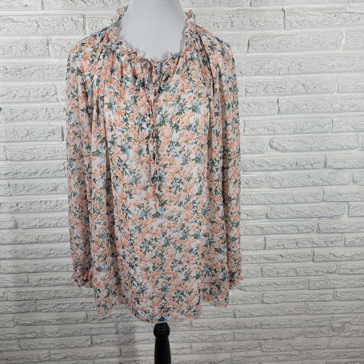 Suzanne Betro Womens Top 2X Plus Ruffle Neck Blue Floral Casual Semi Sheer Lined