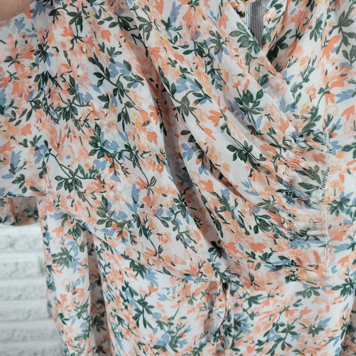 Suzanne Betro Womens Top 2X Plus Ruffle Neck Blue Floral Casual Semi Sheer Lined