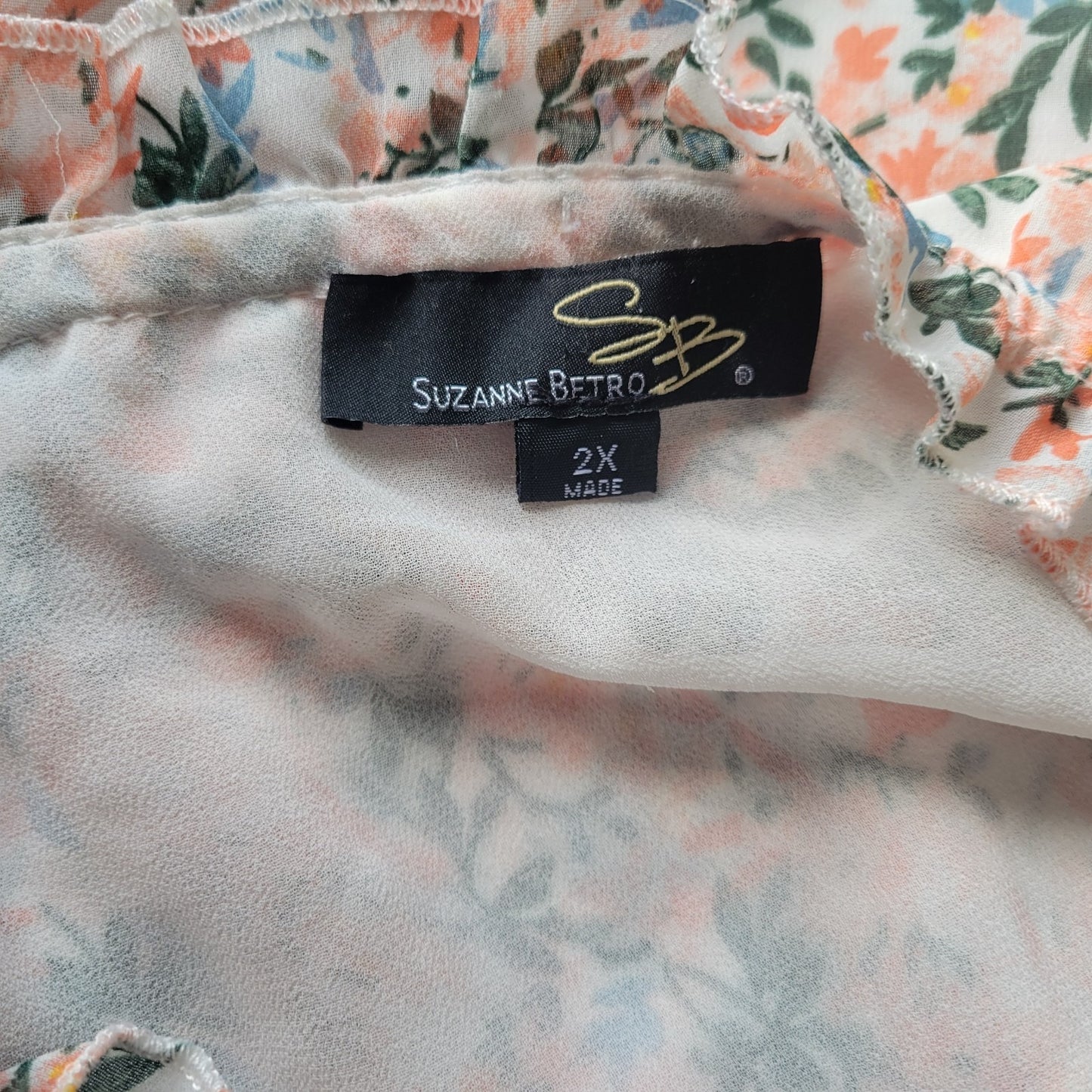 Suzanne Betro Womens Top 2X Plus Ruffle Neck Blue Floral Casual Semi Sheer Lined