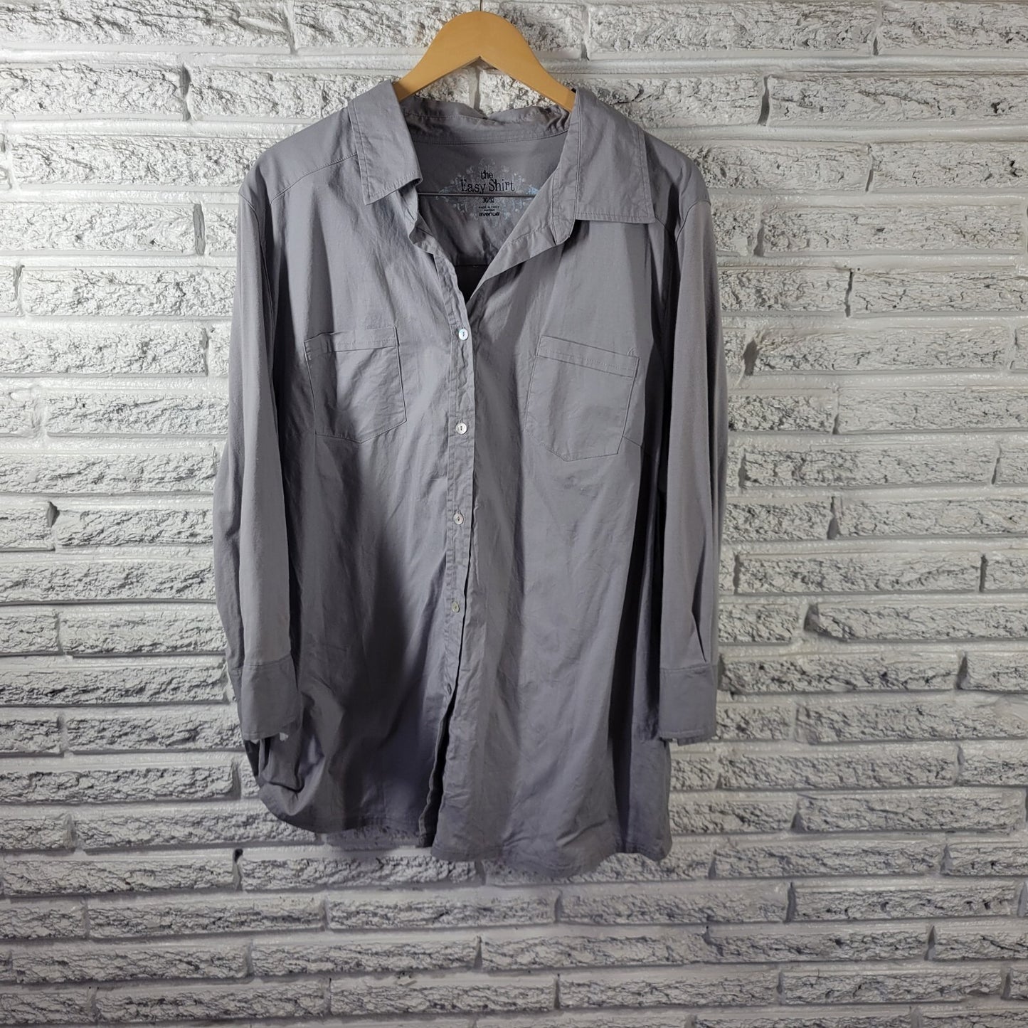 Avenue Easy Shirt Womens Top 30 32 Plus Long Sleeve Gray Pockets Collar Comfy