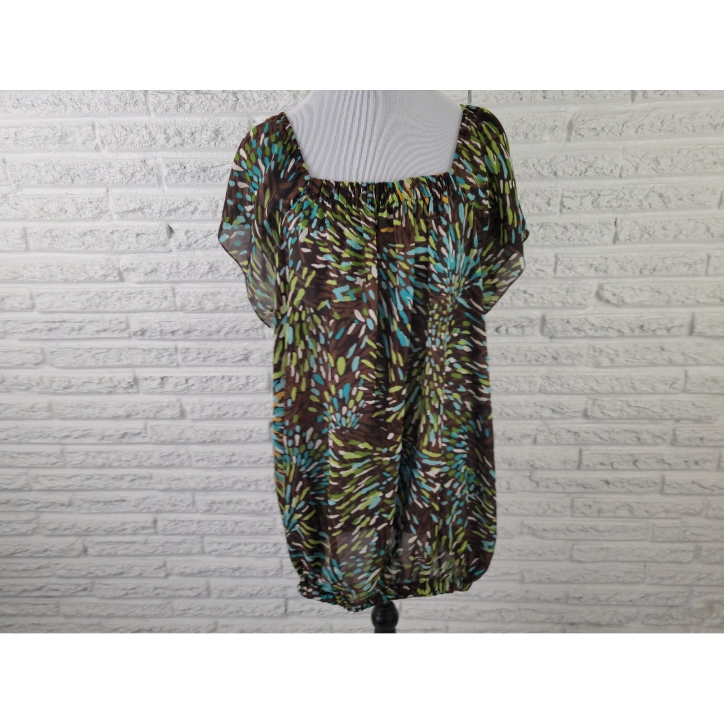 Ashley Stewart Women Top 20W Plus Short Sleeve On Off Shoulder Blue Watercolor