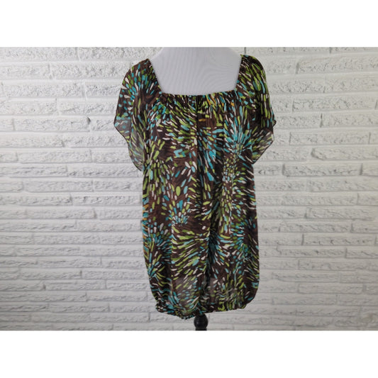 Ashley Stewart Women Top 20W Plus Short Sleeve On Off Shoulder Blue Watercolor