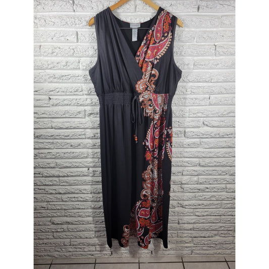 Catherines Women Dress 1X Plus Midi Sleeveless Sheath Black Paisley Poly Blend