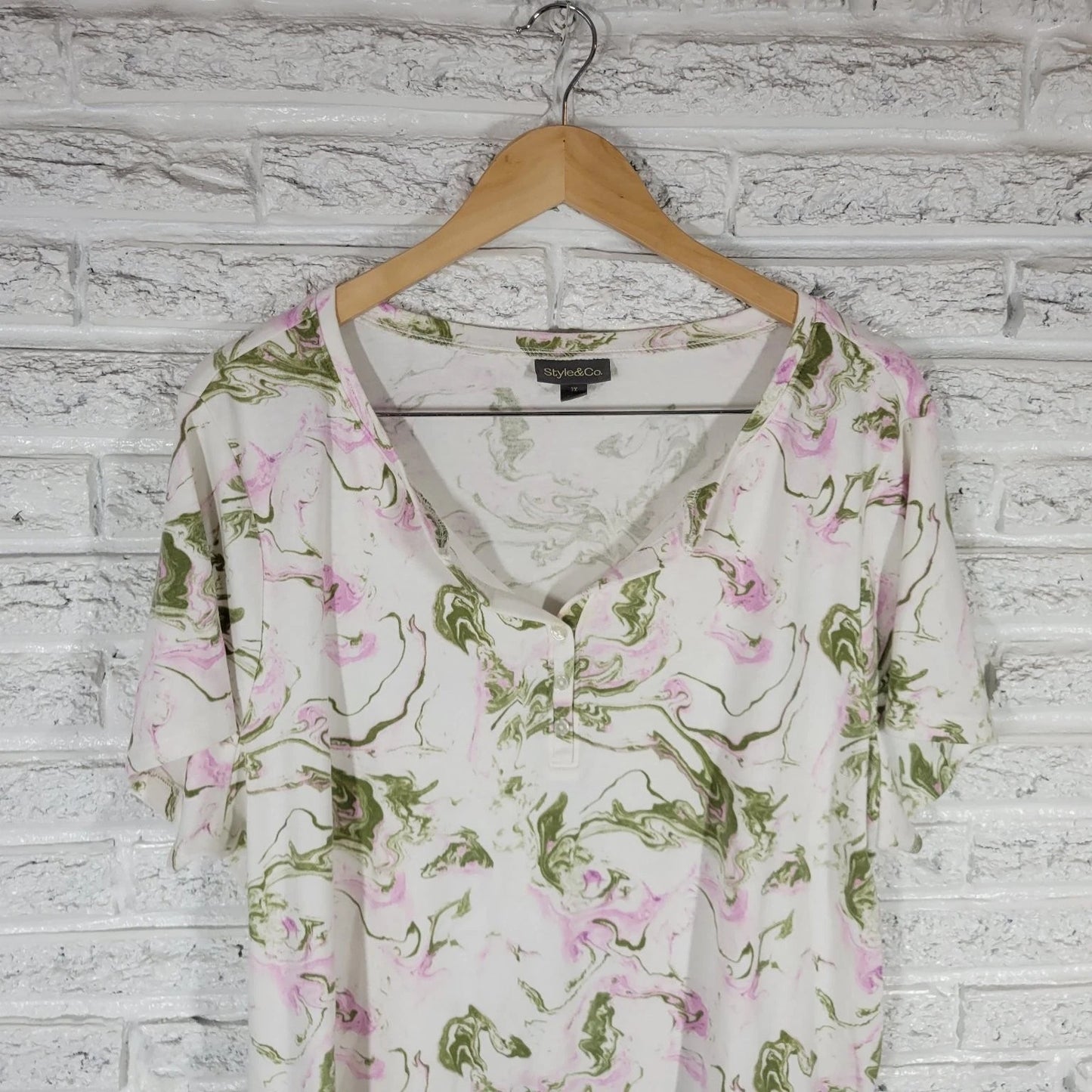 Style&Co Women's 3X Plus V-Neck Tunic Top Pink Green Marbled WAT1XE