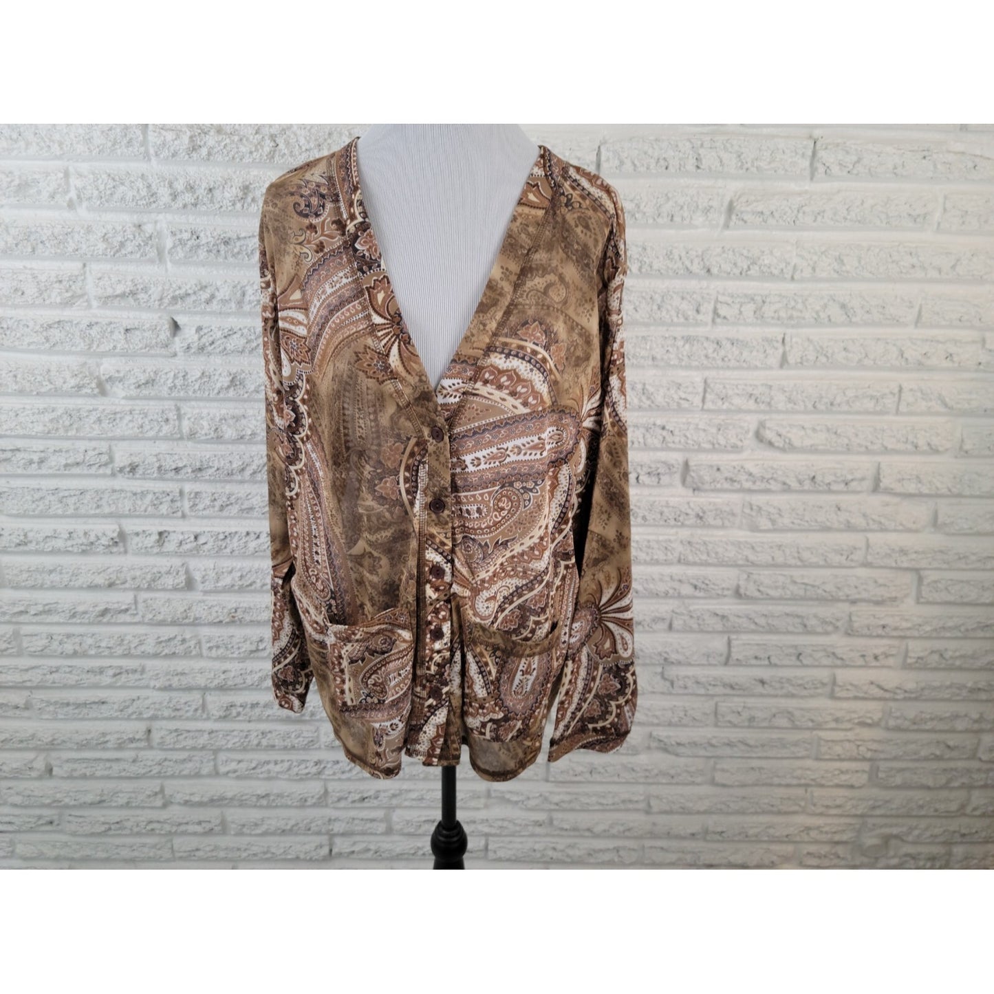 Susan Graver Womens Shirt 2X Plus Overlay Sheer Button Up Brown Paisley Career