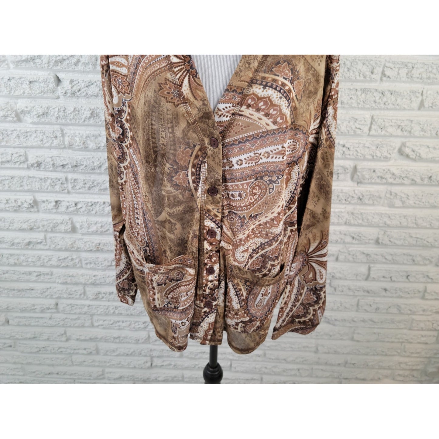 Susan Graver Womens Shirt 2X Plus Overlay Sheer Button Up Brown Paisley Career