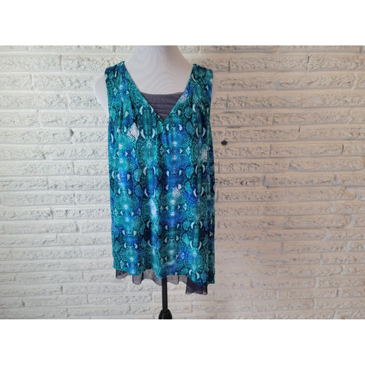 Peter Nygard Womens Top 1X Plus Tank Blue Animal Print Poly Blend Lined Comfy