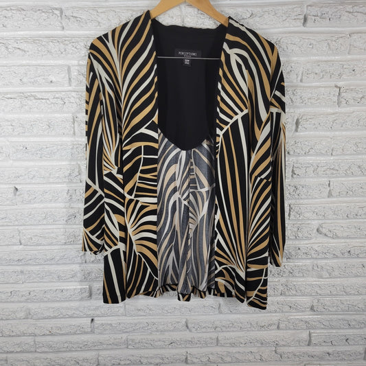 Perceptions Women's 20W Plus Tan Black Geometric Open Cardigan 3/4 Sleeve
