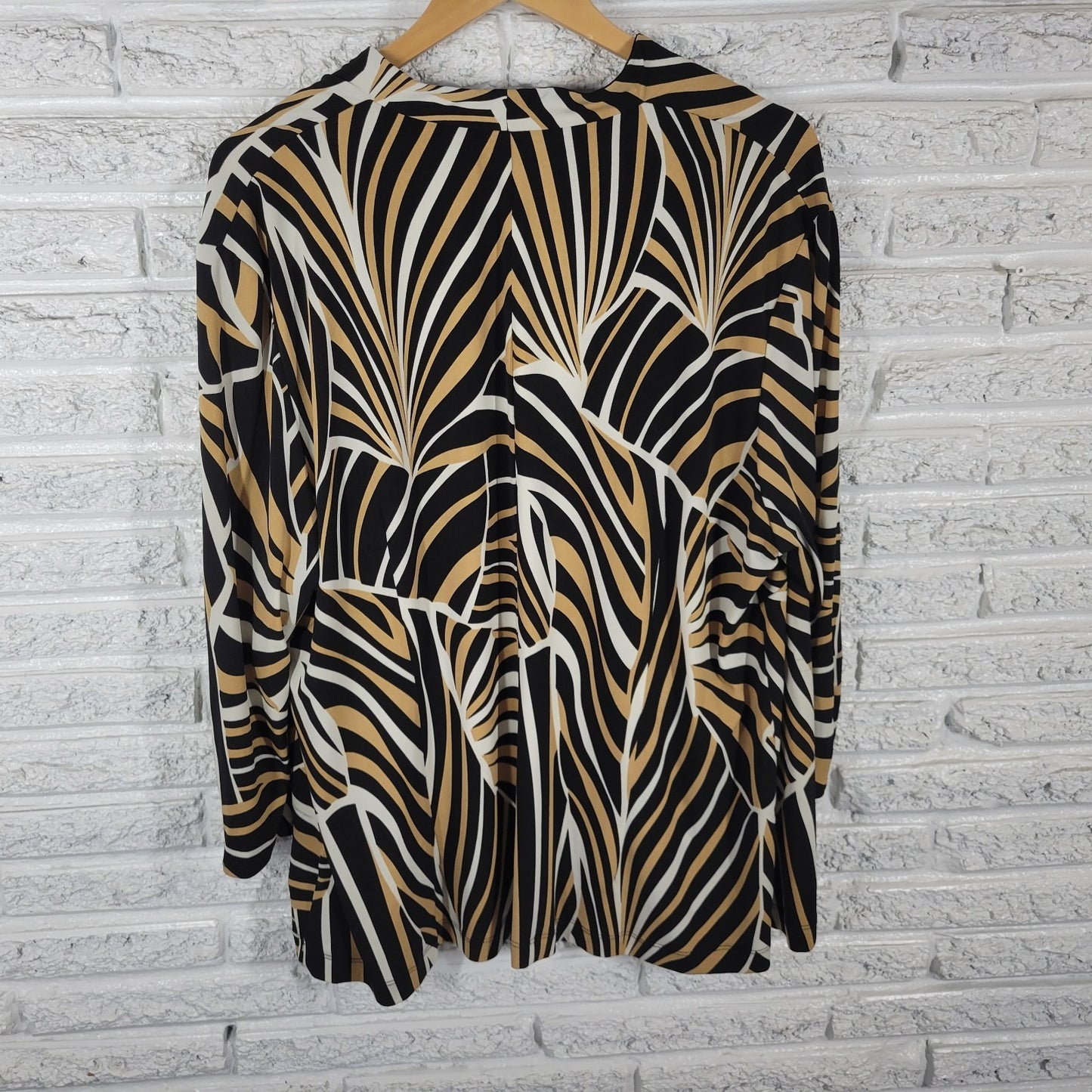 Perceptions Women's 20W Plus Tan Black Geometric Open Cardigan 3/4 Sleeve