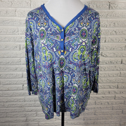 Talbots Womens Top 2X Plus 3/4 Sleeve Blue Green Paisley Comfy Quarter Button