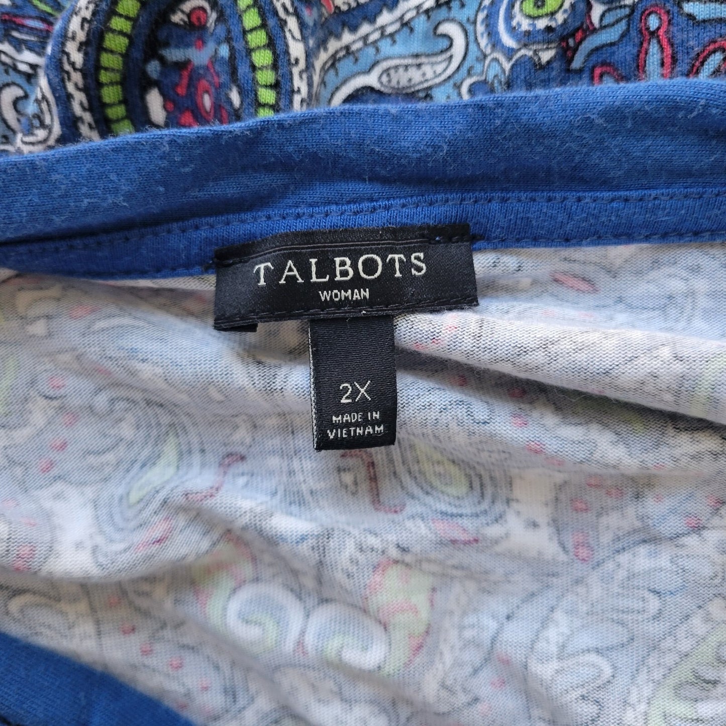 Talbots Womens Top 2X Plus 3/4 Sleeve Blue Green Paisley Comfy Quarter Button