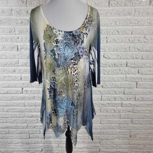 Patchington Womens Top XL 3/4 Sleeve Blue Paisley Laser Cut Hanky Hem Chiffon