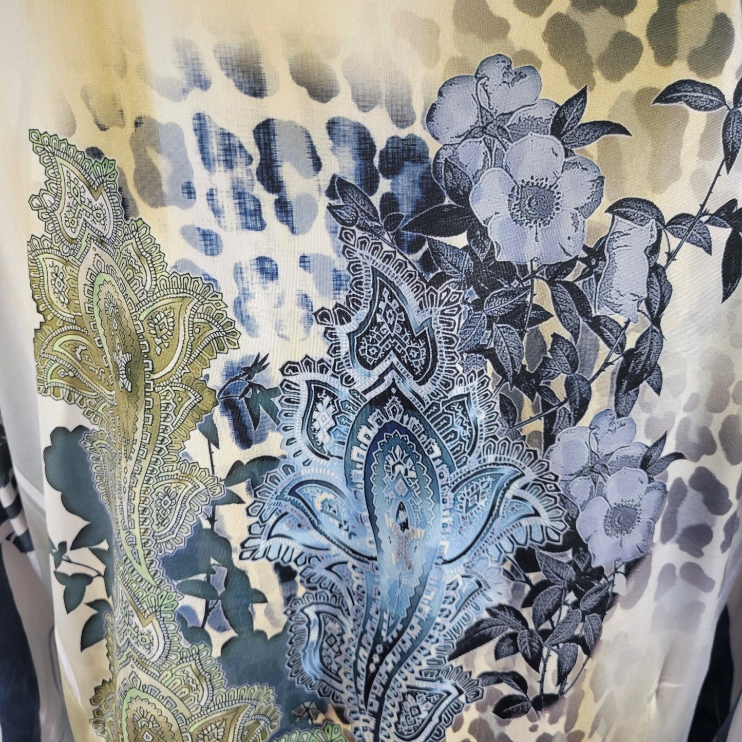 Patchington Womens Top XL 3/4 Sleeve Blue Paisley Laser Cut Hanky Hem Chiffon